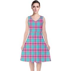 Blue Pink Plaid V-neck Midi Sleeveless Dress 