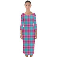 Blue Pink Plaid Quarter Sleeve Midi Bodycon Dress