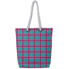 Blue Pink Plaid Full Print Rope Handle Tote (small)