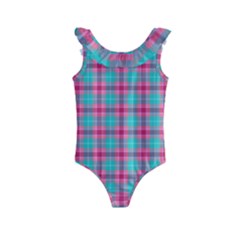 Blue Pink Plaid Kids  Frill Swimsuit