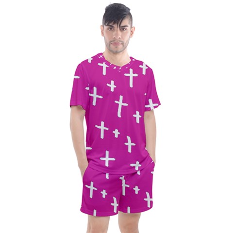 Pink White Cross Men s Mesh Tee And Shorts Set by snowwhitegirl