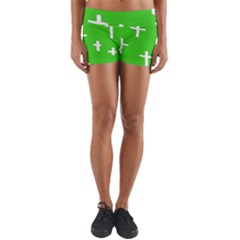 Green White Cross Yoga Shorts by snowwhitegirl