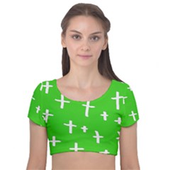 Green White Cross Velvet Short Sleeve Crop Top 