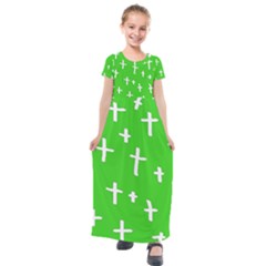 Green White Cross Kids  Short Sleeve Maxi Dress