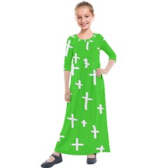 Green White Cross Kids  Quarter Sleeve Maxi Dress