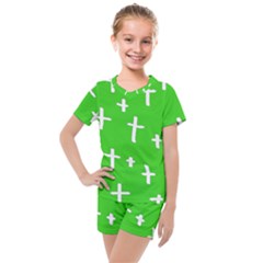 Green White Cross Kids  Mesh Tee And Shorts Set