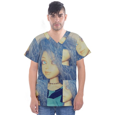 Blue Hair Boy Men s V-neck Scrub Top by snowwhitegirl