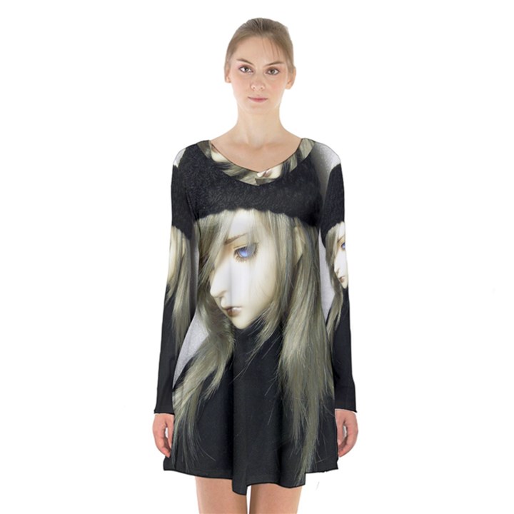 Black Angel Long Sleeve Velvet V-neck Dress