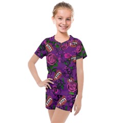 Purple  Rose Vampire Kids  Mesh Tee And Shorts Set