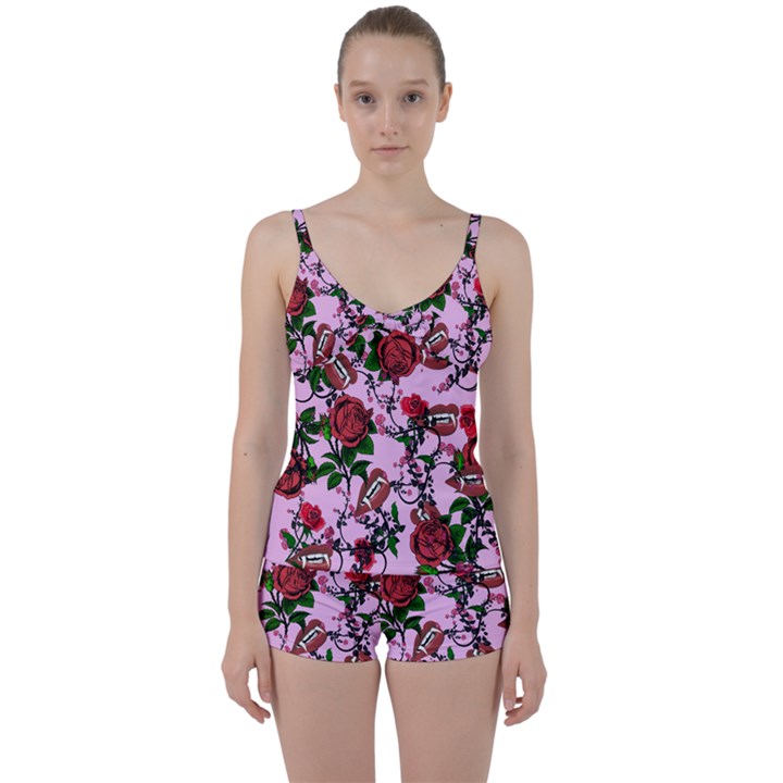 Pink Rose Vampire Tie Front Two Piece Tankini