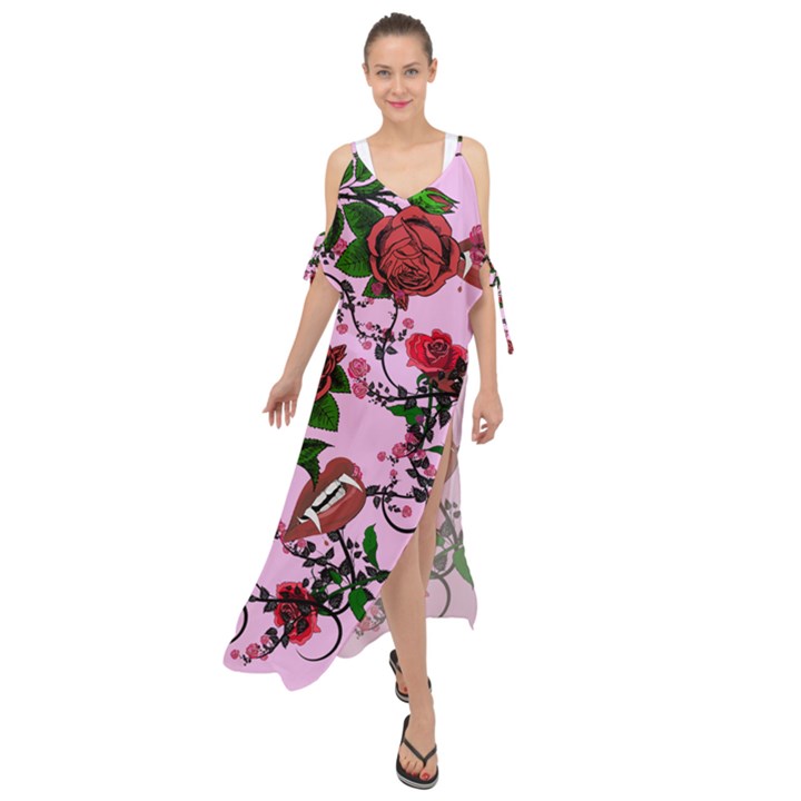 Pink Rose Vampire Maxi Chiffon Cover Up Dress