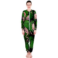 Flamingo Floral Black Onepiece Jumpsuit (ladies)  by snowwhitegirl