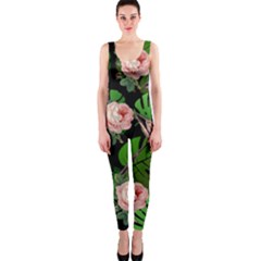 Flamingo Floral Black One Piece Catsuit by snowwhitegirl