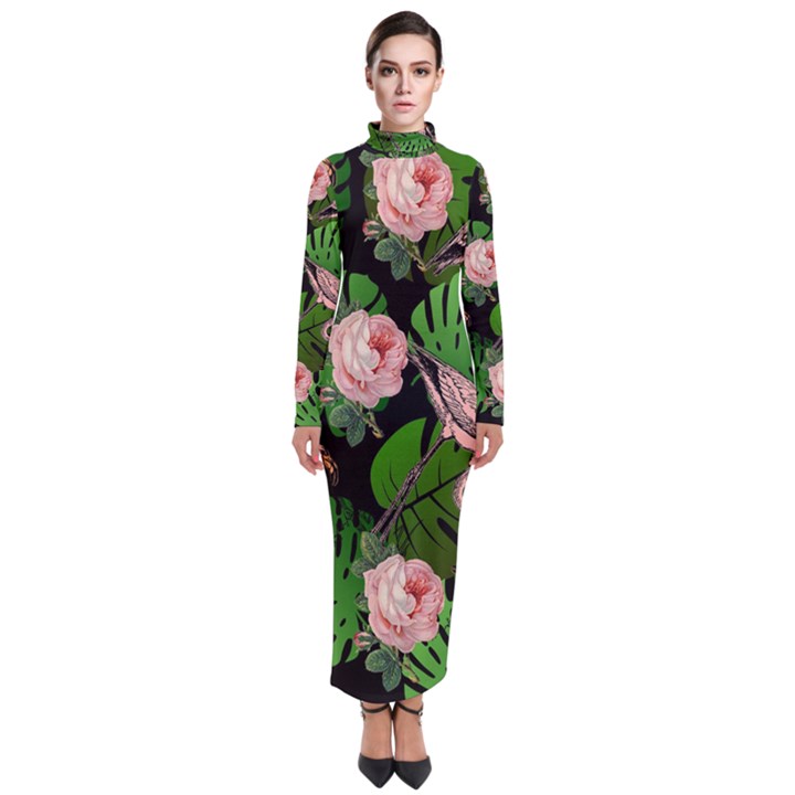 Flamingo Floral Black Turtleneck Maxi Dress