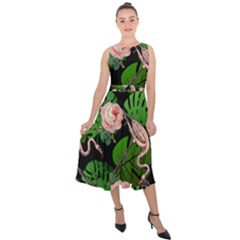 Flamingo Floral Black Midi Tie-back Chiffon Dress