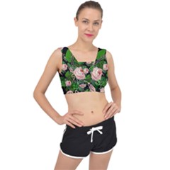 Flamingo Floral Black V-back Sports Bra