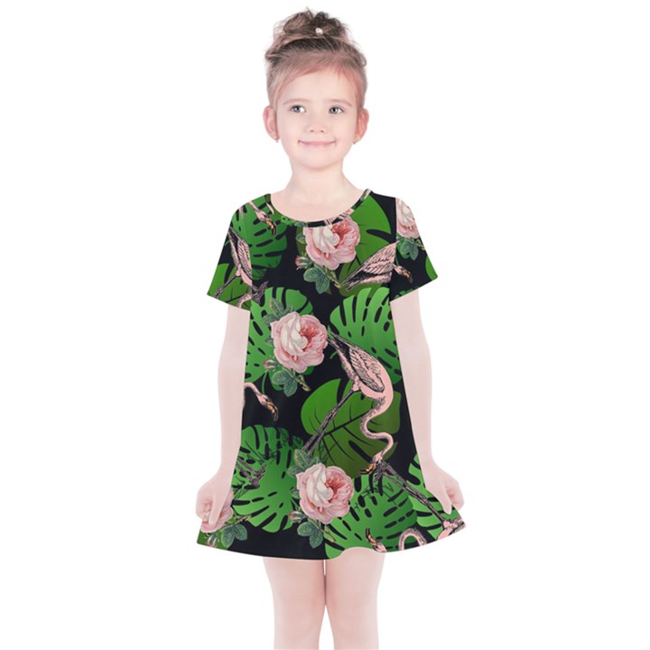 Flamingo Floral Black Kids  Simple Cotton Dress