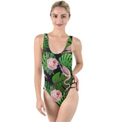 Flamingo Floral Black High Leg Strappy Swimsuit