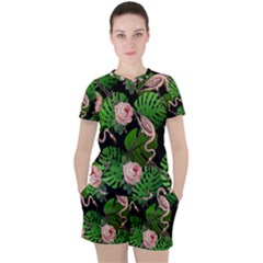 Flamingo Floral Black Women s Tee And Shorts Set