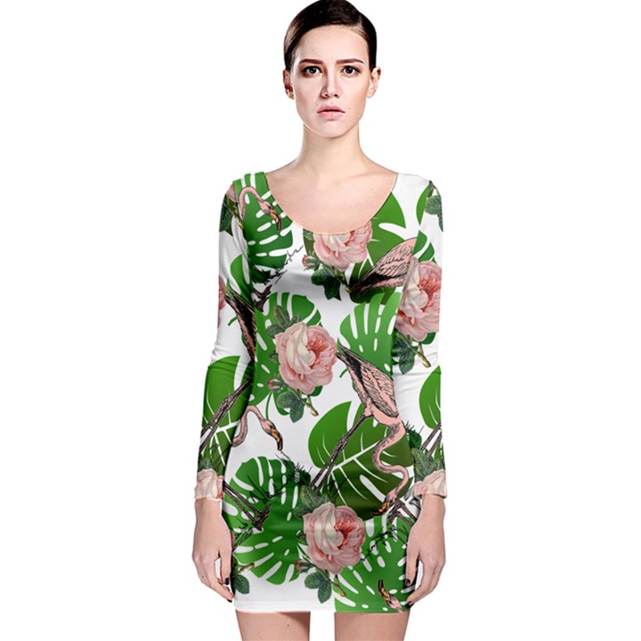 Flamingo Floral White Long Sleeve Bodycon Dress