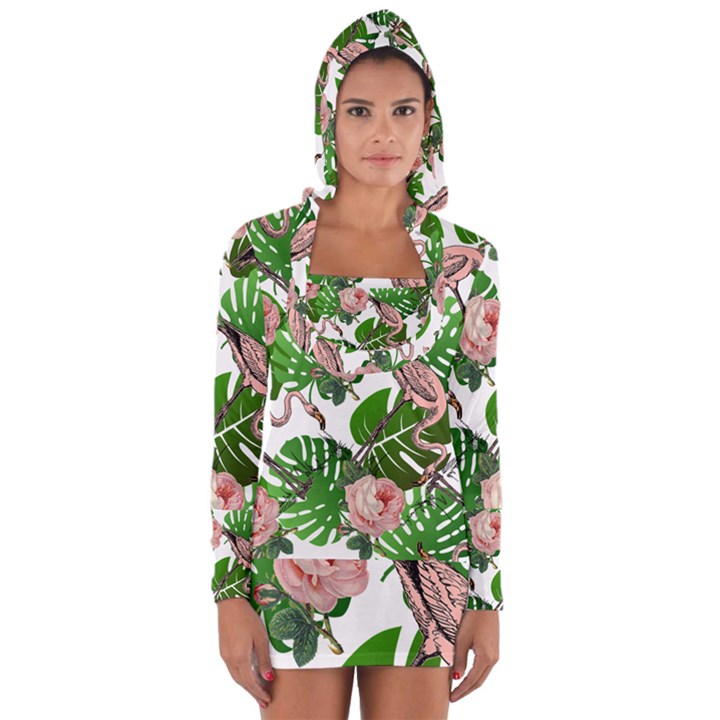 Flamingo Floral White Long Sleeve Hooded T-shirt