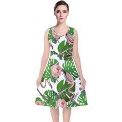 Flamingo Floral White V-neck Midi Sleeveless Dress  by snowwhitegirl