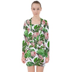 Flamingo Floral White V-neck Bodycon Long Sleeve Dress by snowwhitegirl