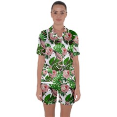 Flamingo Floral White Satin Short Sleeve Pyjamas Set by snowwhitegirl