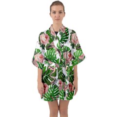 Flamingo Floral White Quarter Sleeve Kimono Robe by snowwhitegirl