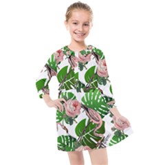 Flamingo Floral White Kids  Quarter Sleeve Shirt Dress