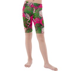 Flamingo Floral Pink Kids  Mid Length Swim Shorts by snowwhitegirl