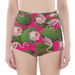 Flamingo Floral Pink High-waisted Bikini Bottoms by snowwhitegirl