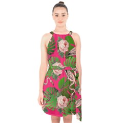 Flamingo Floral Pink Halter Collar Waist Tie Chiffon Dress by snowwhitegirl