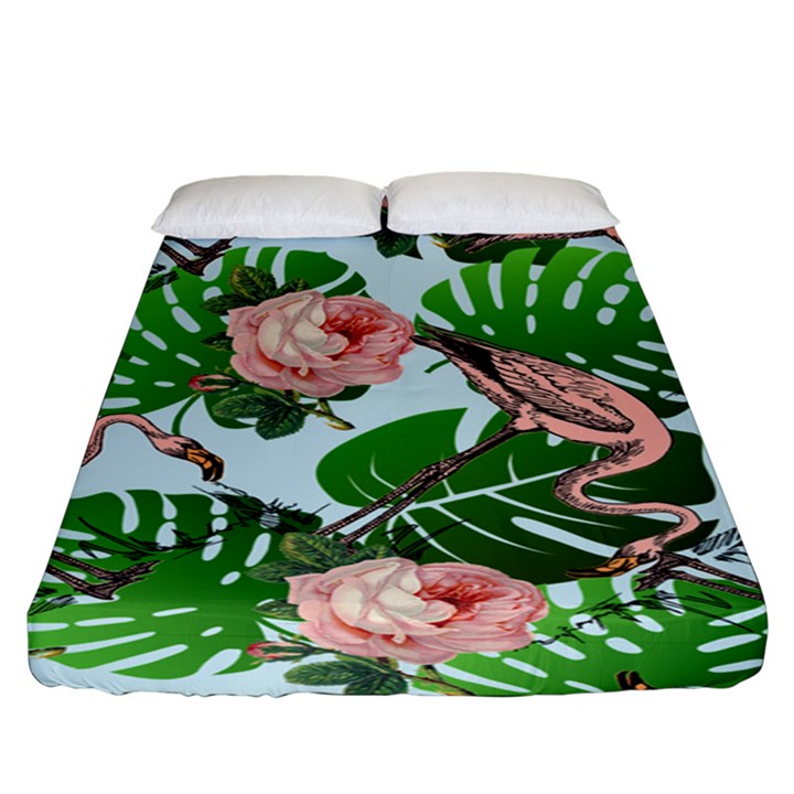 Flamingo Floral Blue Fitted Sheet (King Size)