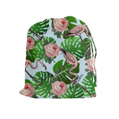 Flamingo Floral Blue Drawstring Pouch (xl) by snowwhitegirl