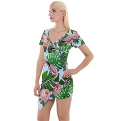 Flamingo Floral Blue Short Sleeve Asymmetric Mini Dress