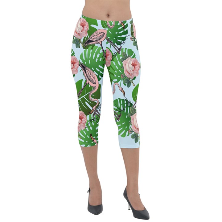 Flamingo Floral Blue Lightweight Velour Capri Leggings 