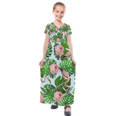 Flamingo Floral Blue Kids  Short Sleeve Maxi Dress