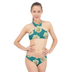 Teal Tulips High Neck Bikini Set