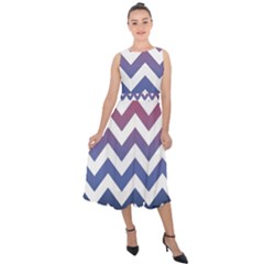 Pink Blue Black Ombre Chevron Midi Tie-back Chiffon Dress