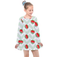 Watermelon Chevron Green Kids  Long Sleeve Dress by snowwhitegirl