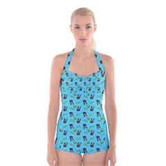 School Girl Pattern Blue Boyleg Halter Swimsuit  by snowwhitegirl