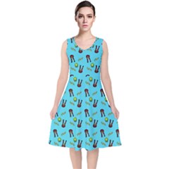 School Girl Pattern Blue V-neck Midi Sleeveless Dress  by snowwhitegirl