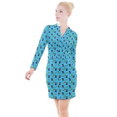 School Girl Pattern Blue Button Long Sleeve Dress