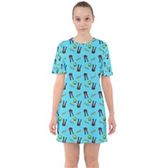 School Girl Pattern Blue Sixties Short Sleeve Mini Dress by snowwhitegirl