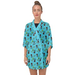 School Girl Pattern Blue Half Sleeve Chiffon Kimono