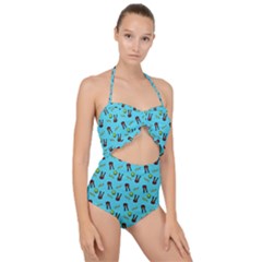 School Girl Pattern Blue Scallop Top Cut Out Swimsuit