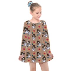 Girl With Dress Beige Kids  Long Sleeve Dress by snowwhitegirl