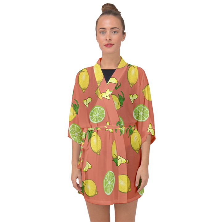 Lemons And Limes Peach Half Sleeve Chiffon Kimono