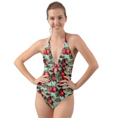 Fruit Branches Green Halter Cut-out One Piece Swimsuit by snowwhitegirl